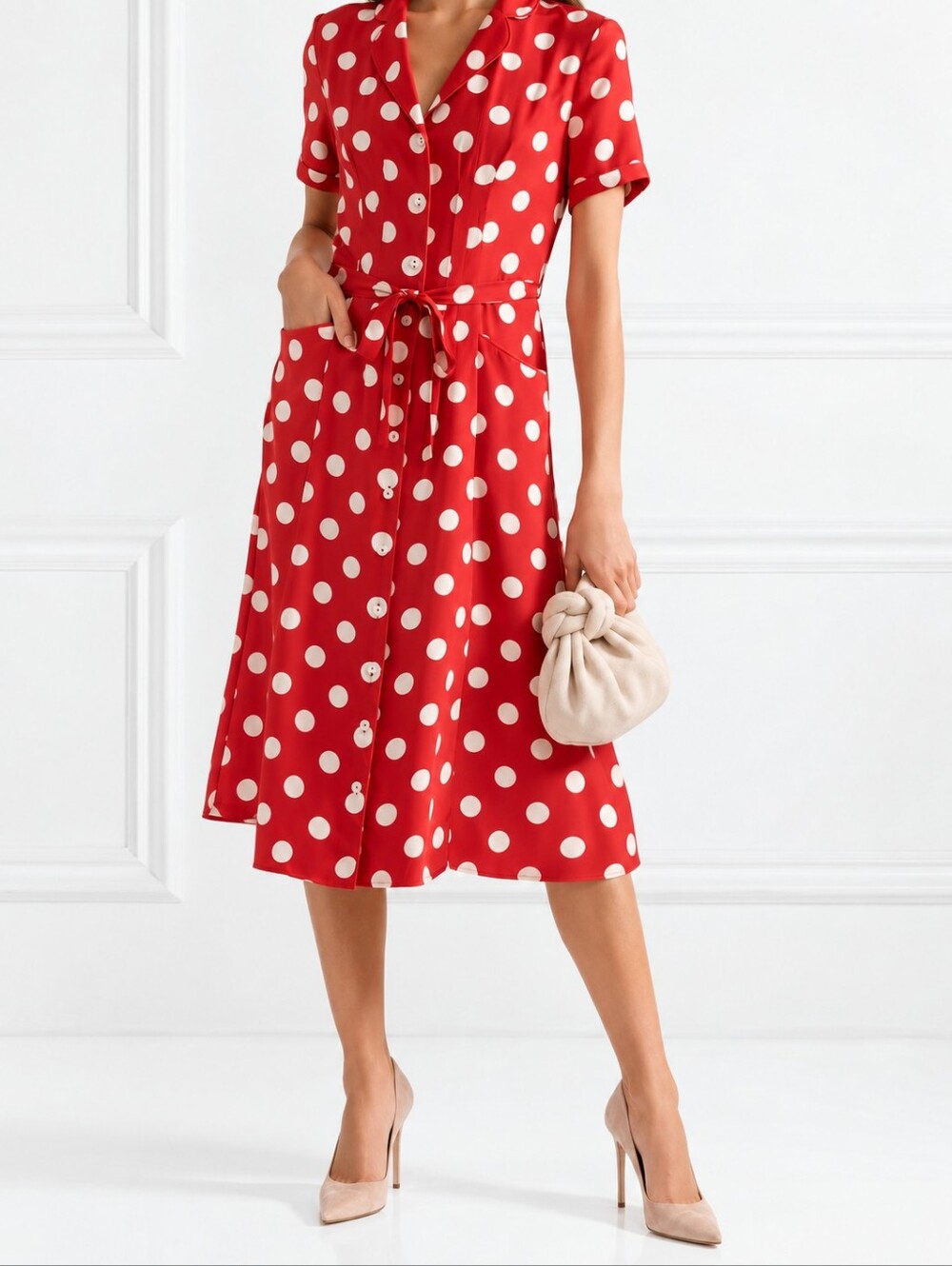 HVN Maria Polka Dot 100% Silk Shirt Dress Red/Cream  Size 2
